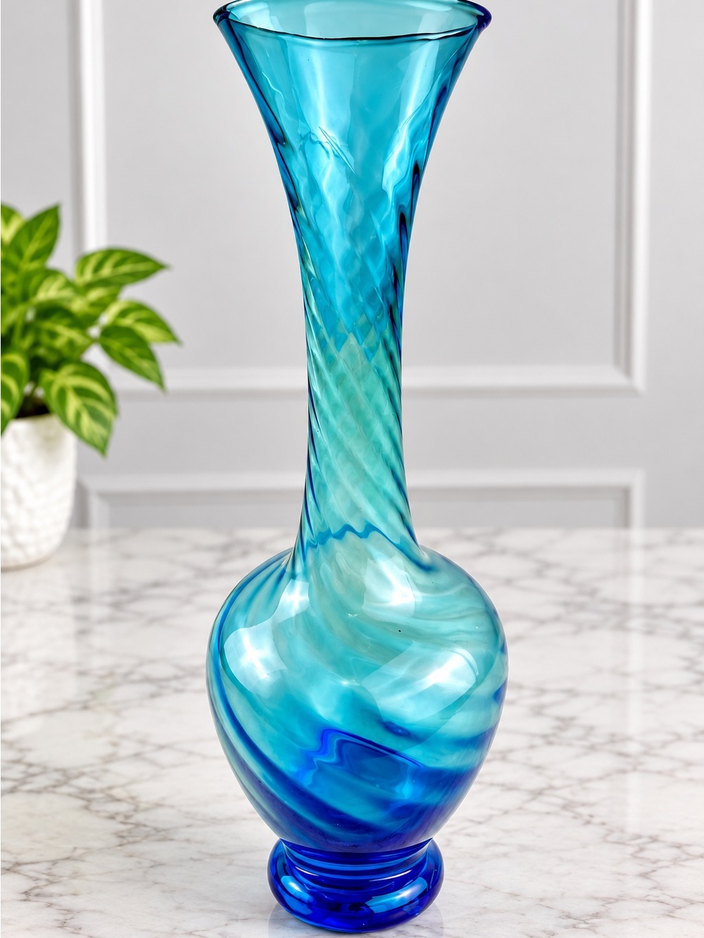 Teal Blue Glass Vase 8” Swirl Optic Flared Rim Decorative